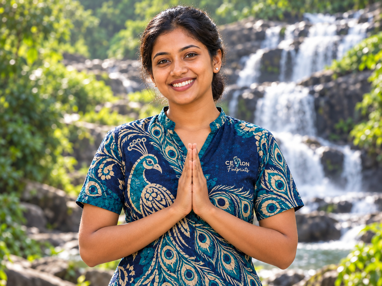 A warm Sri Lankan welcome beside a waterfall
